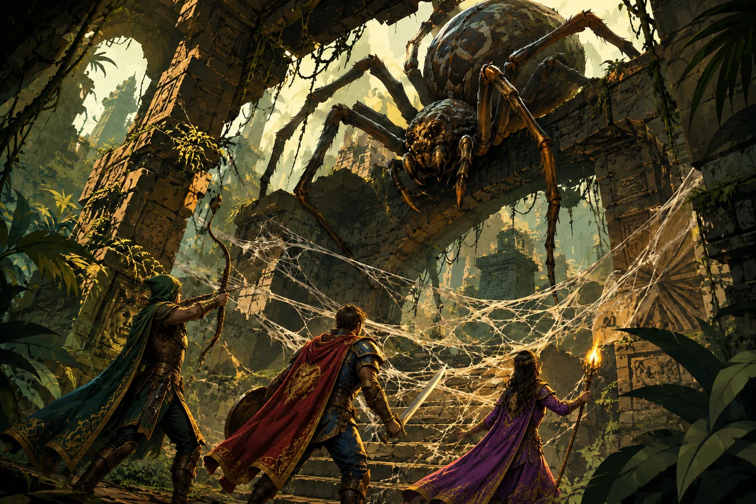 Giant spider stalking adventurers through a webbed fantasy ruin
