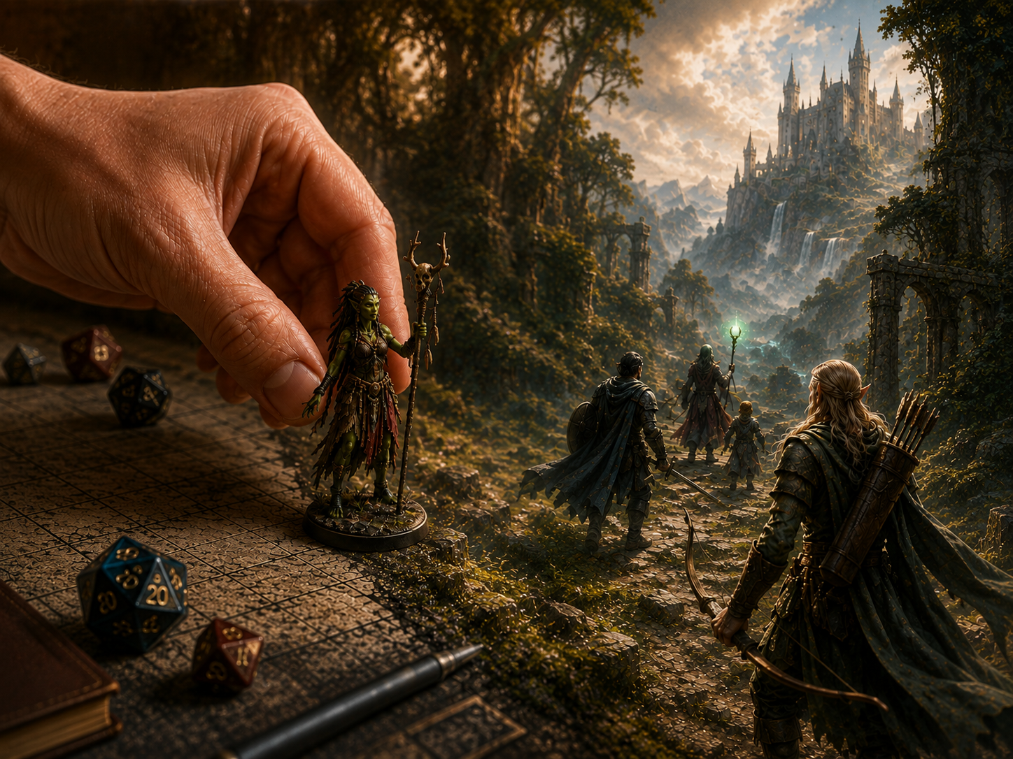 A hand placing a miniature as the physical tabletop blends into the imagined fantasy world